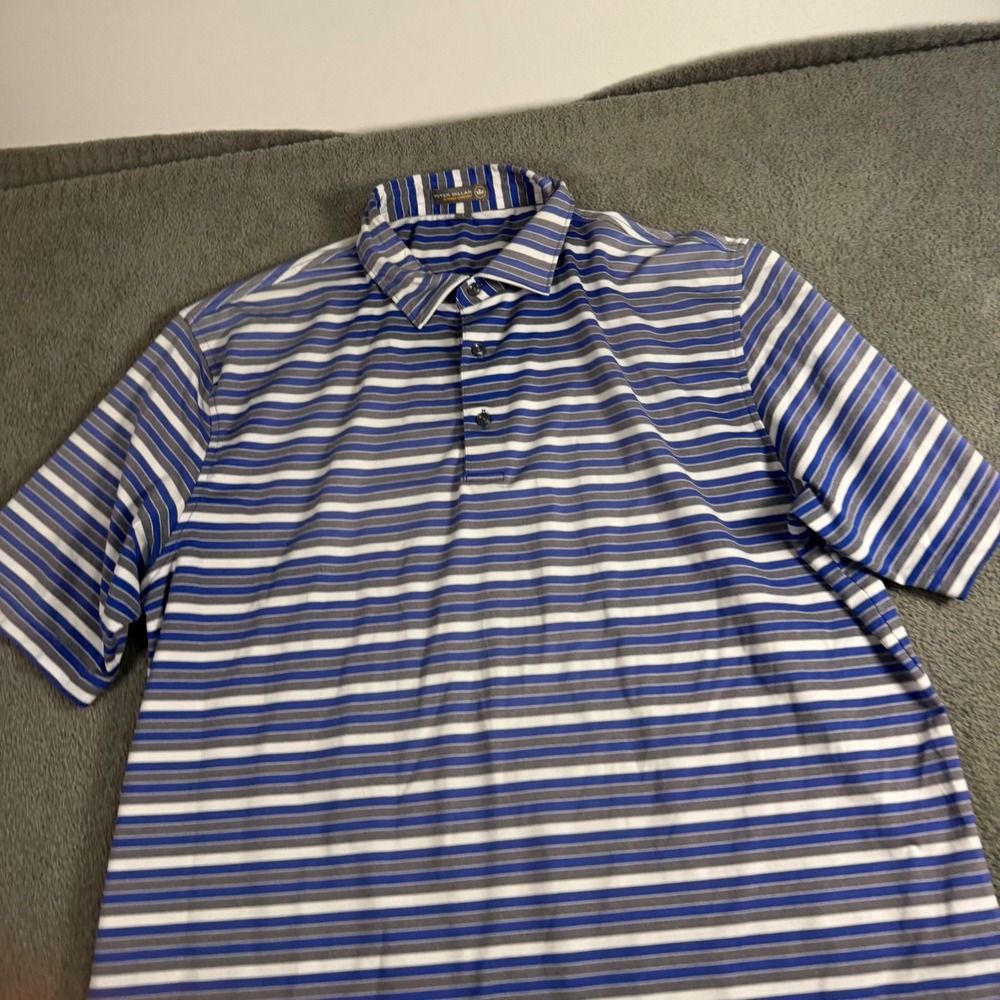 Peter Millar Summer Comfort Mens Large Blue Grey Striped Performance Golf Polo